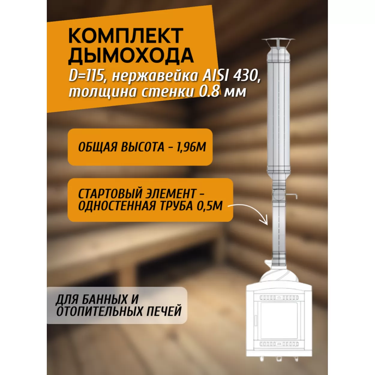 комплект дымохода 115 для банной и отопительной печи, нержавейка aisi 430, 0.8 мм, 1.96 метра