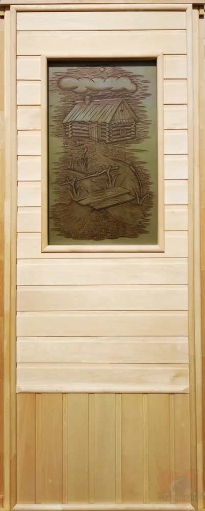 дверь "эконом со стеклом "изба" (липа) 185х75, коробка липа. банный эксперт